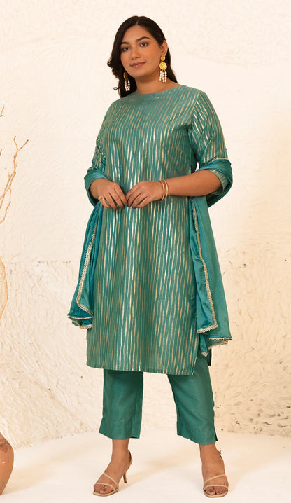 Plus Size Green Poly Silk Kurta With Pant and Dupatta