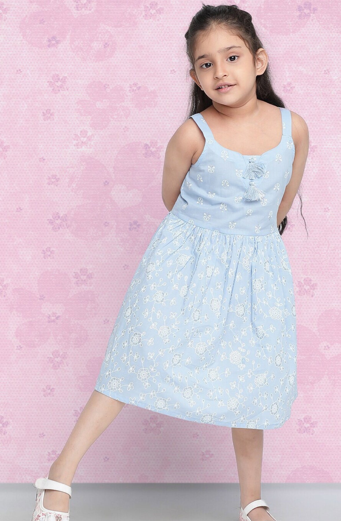 Girls Blue Floral Printed Cotton A-Line Dress