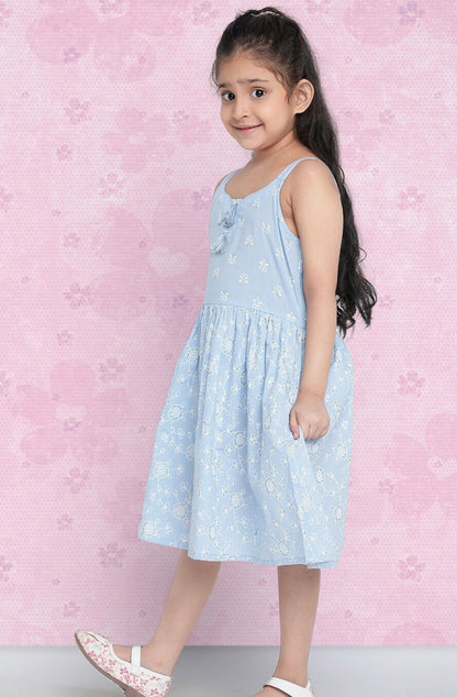 Girls Blue Floral Printed Cotton A-Line Dress