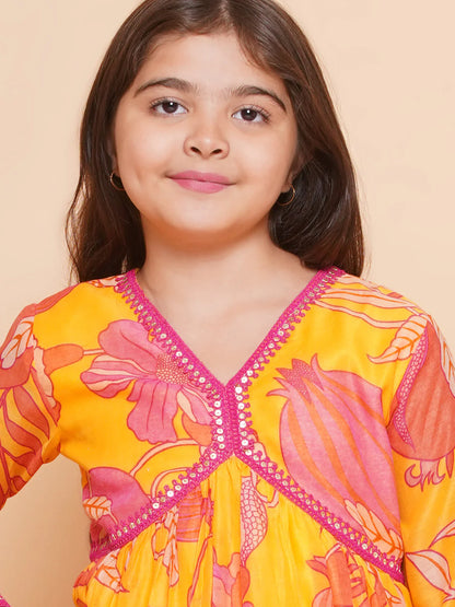 Girls Yellow Floral Printed Alia Design Kurta With Sharara