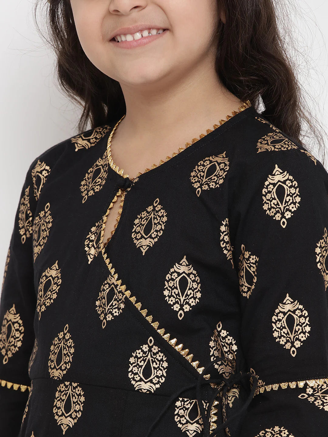 Girls Black Foil Printed Angrakha Kurta With Palazzos