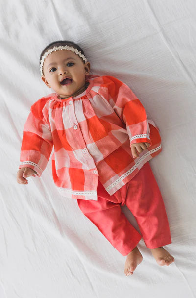 Chirpy Checks Jhabla Set-Red