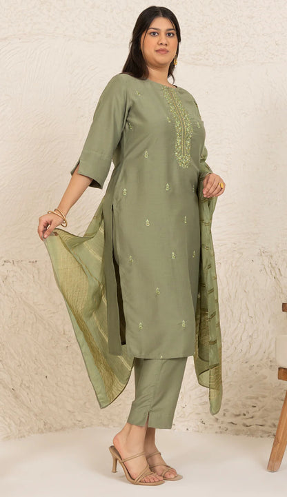 Olive Chinnon Embroidered Straight Kurta Set