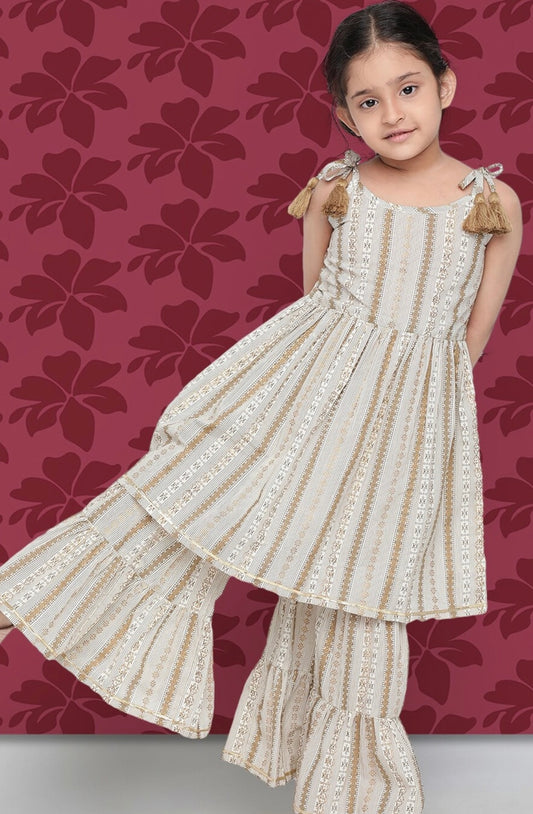 Girls Beige Striped Regular Kurta With Sharara