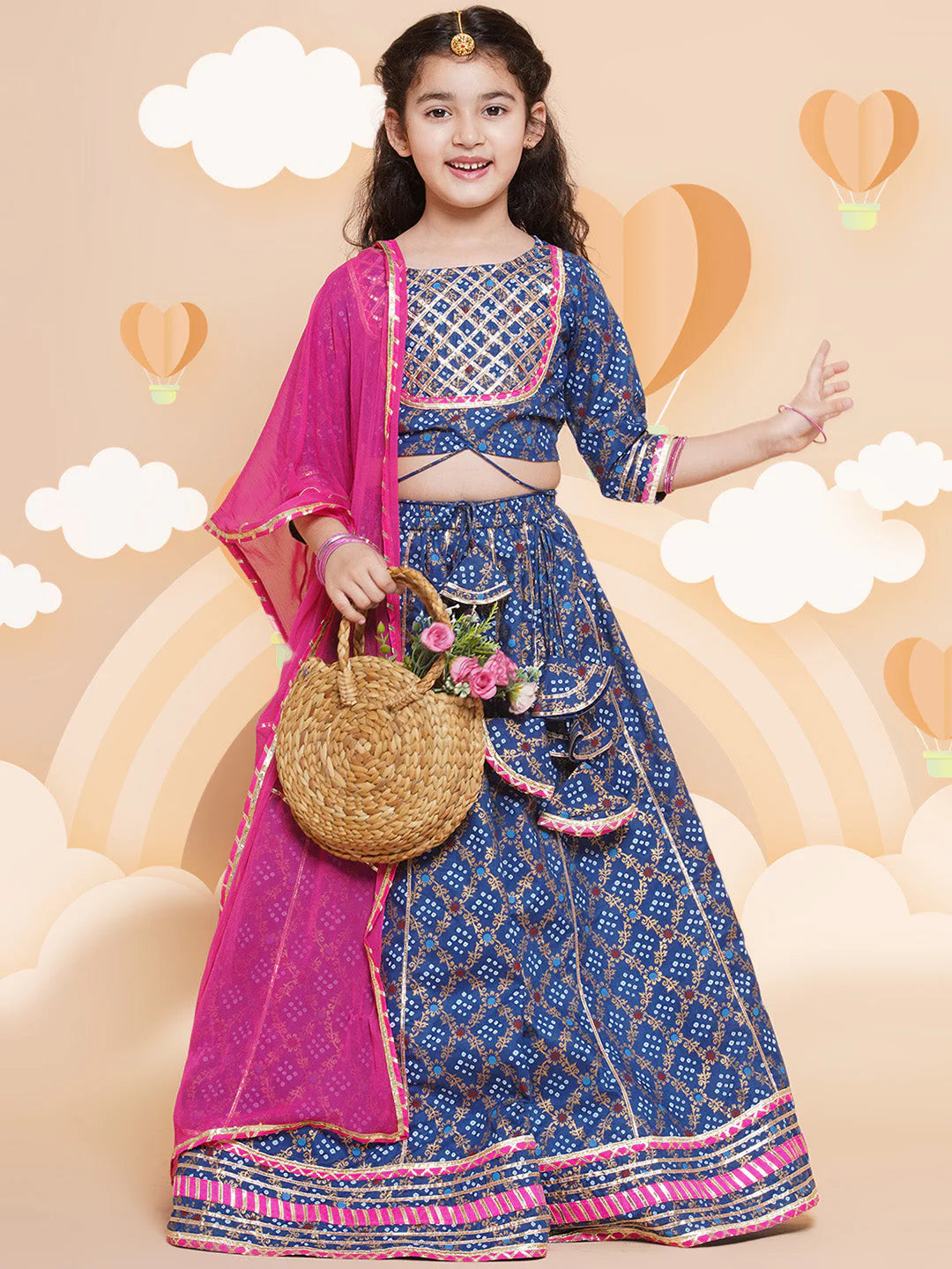 Girls Blue & Pink Printed Ready To Wear Lehenga & Blouse With Dupatta