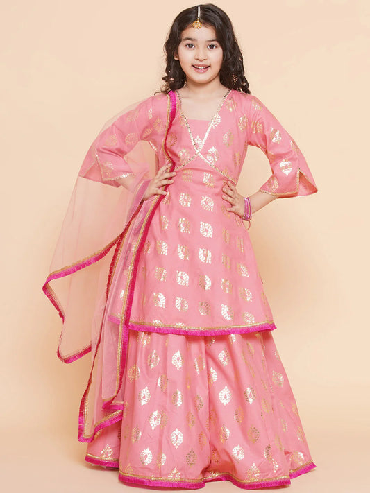 Girls Peach Foil Printed Lace Work Lehenga,Choli With Dupatta.