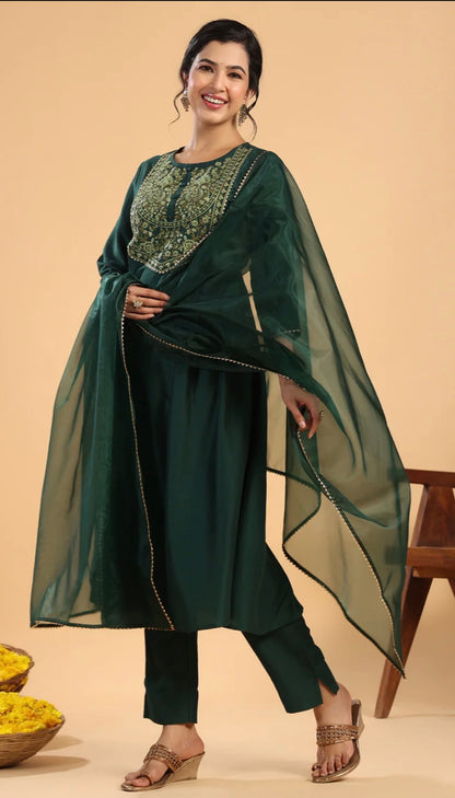 Dark Green Chinnon Yoke Embroidery Pleated Kurta Set