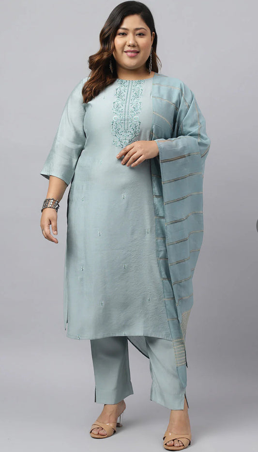 Dusty Blue Chinon Embroidered Kurta with Pant and Dupatta