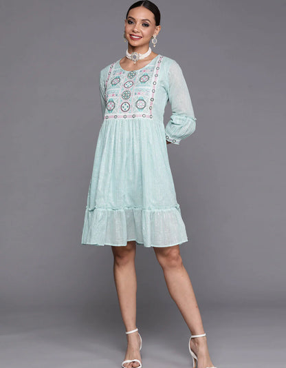 Blue Embroidered A-line Dress