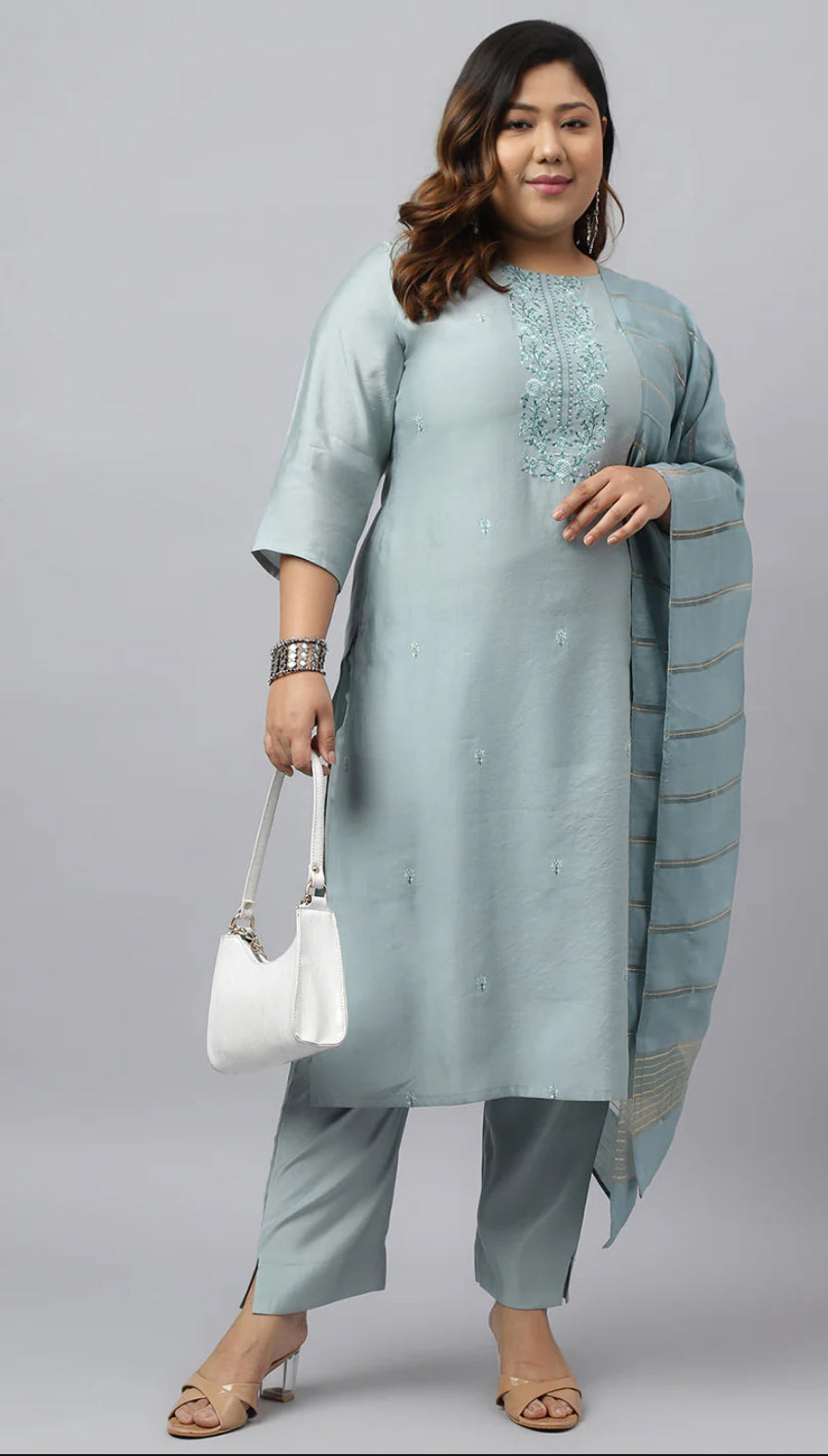 Dusty Blue Chinon Embroidered Kurta with Pant and Dupatta