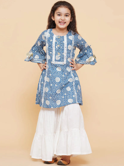 Girls Blue Coloured Printed Kurta With Sharara