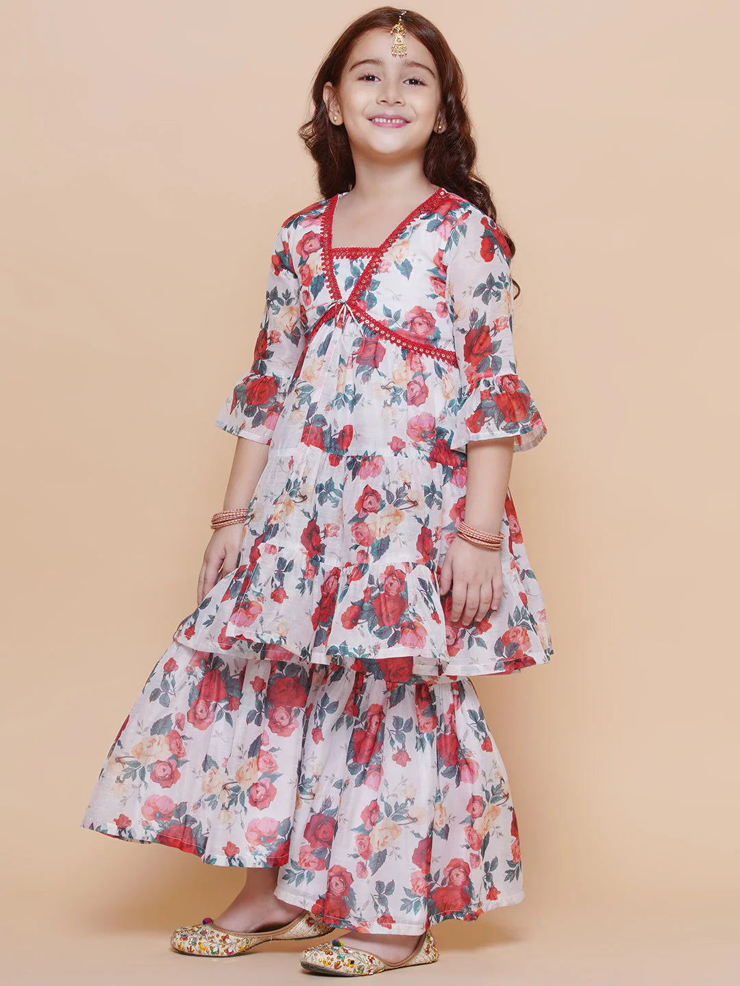 Girls Red Rose Printed Kurta with Sharara