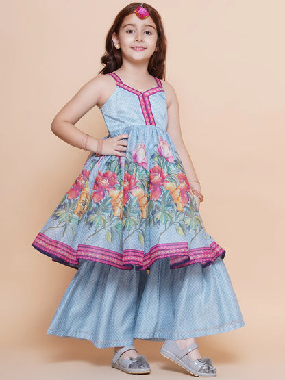 Girls Blue Floral Printed Kurta With Sharara with Dupatta