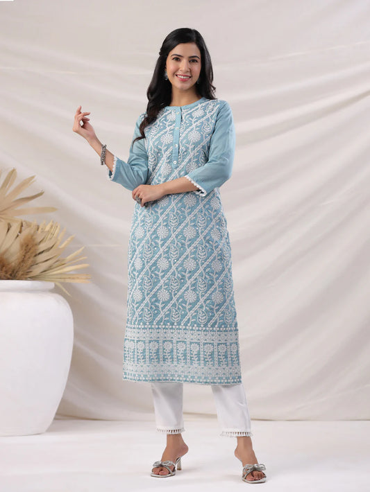 LIGHT BLUE CHANDERI EMBROIDERED STRAIGHT KURTA SET