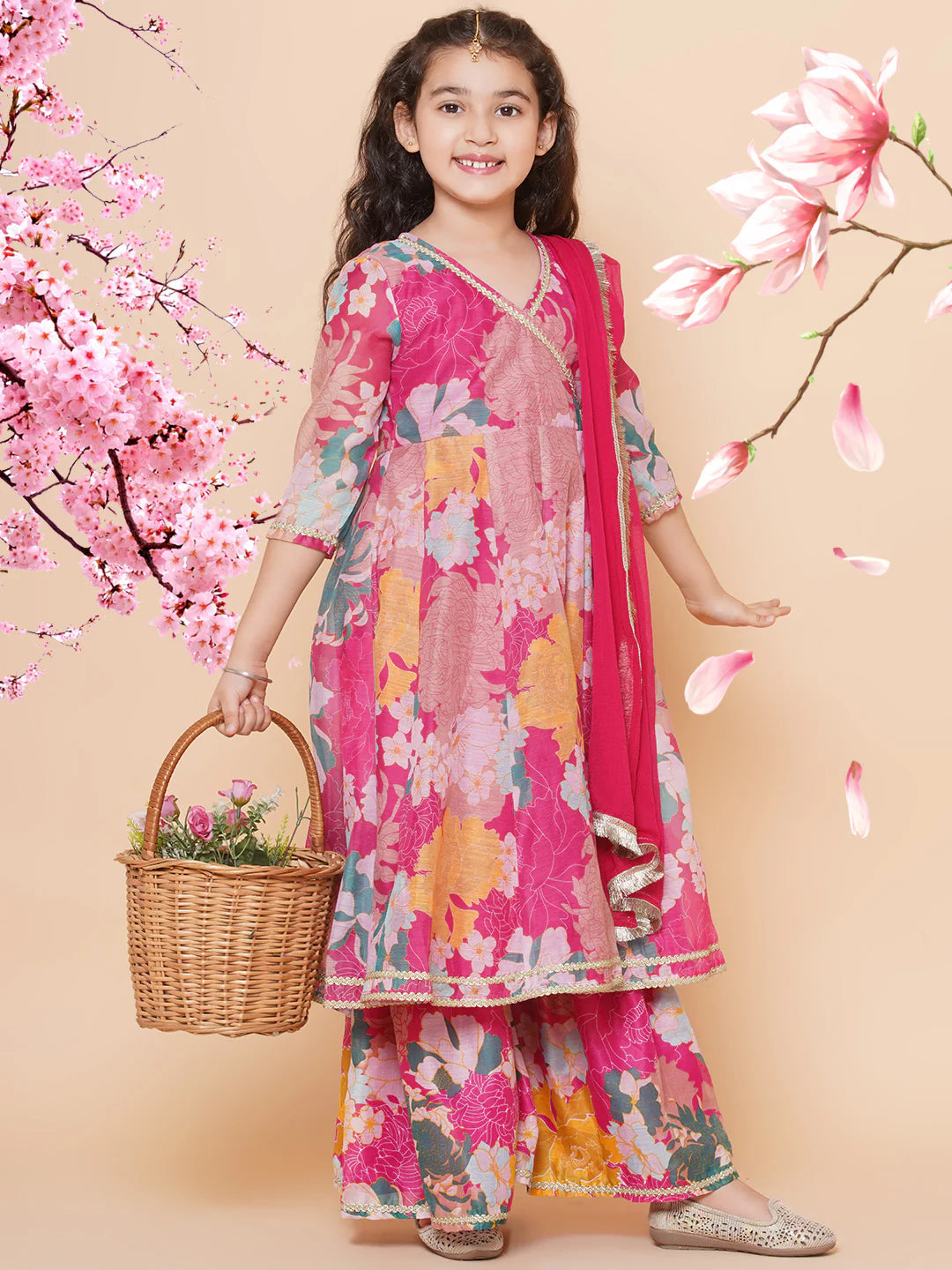 Girls Pink Floral Printed Angrakha Gotta Patti Kurta & Sharara set With Dupatta