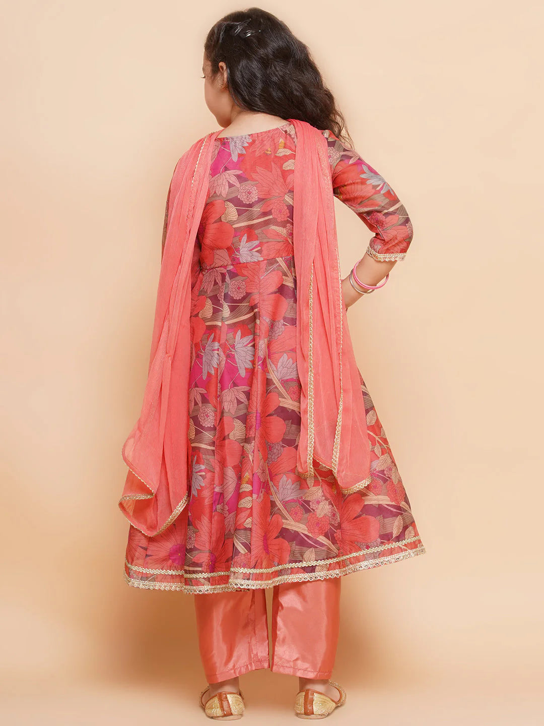 Girls Peach Floral Printed Kurta with Pant & Dupatta