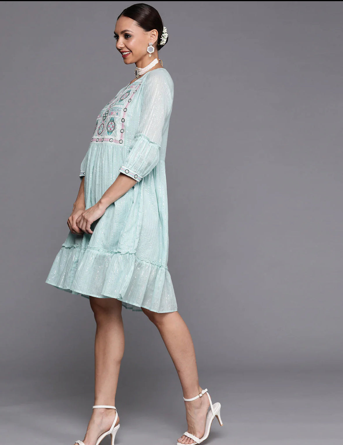 Blue Embroidered A-line Dress