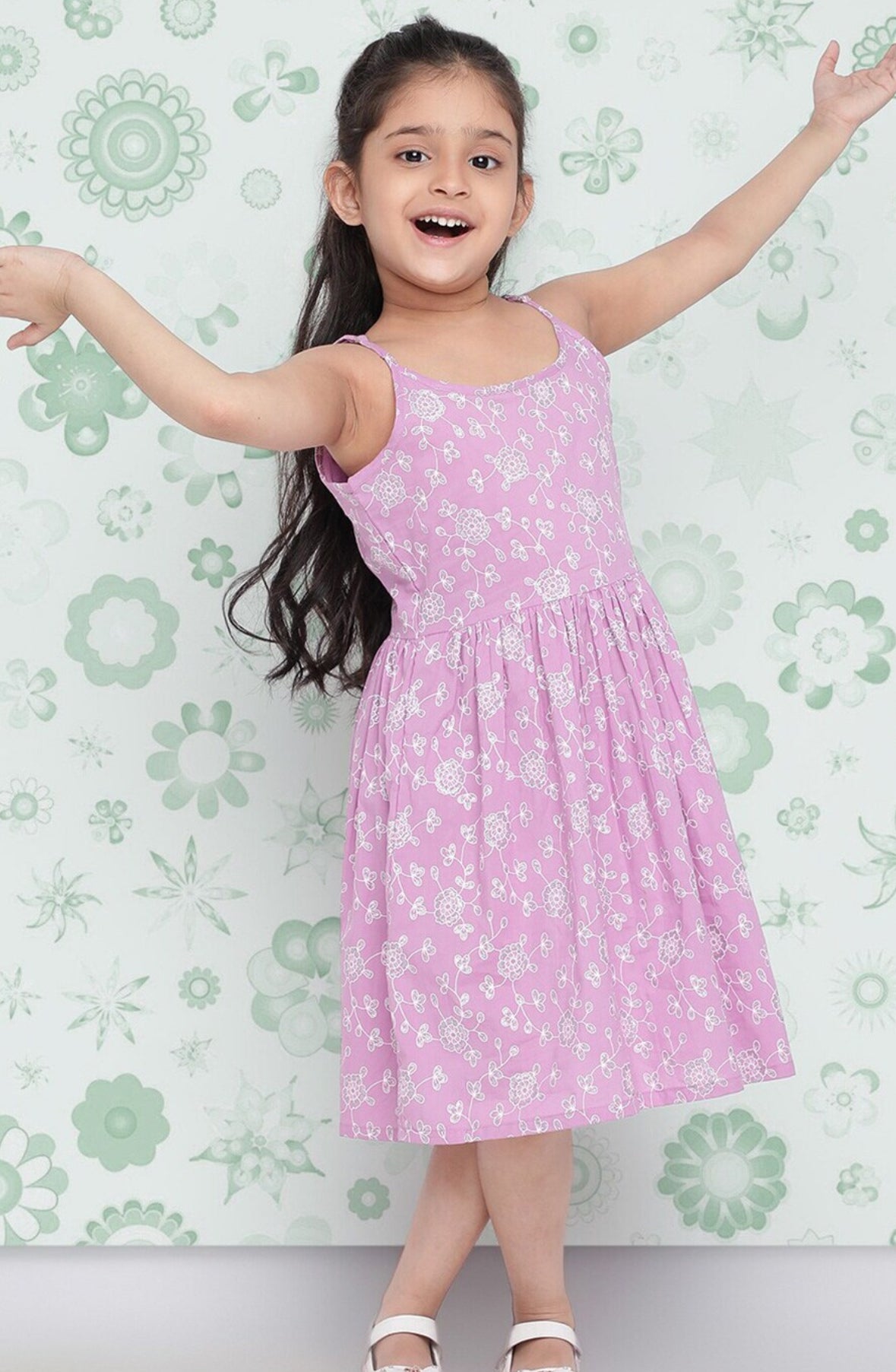 Girls Lavender Floral Printed Cotton Fit & Flare Dress