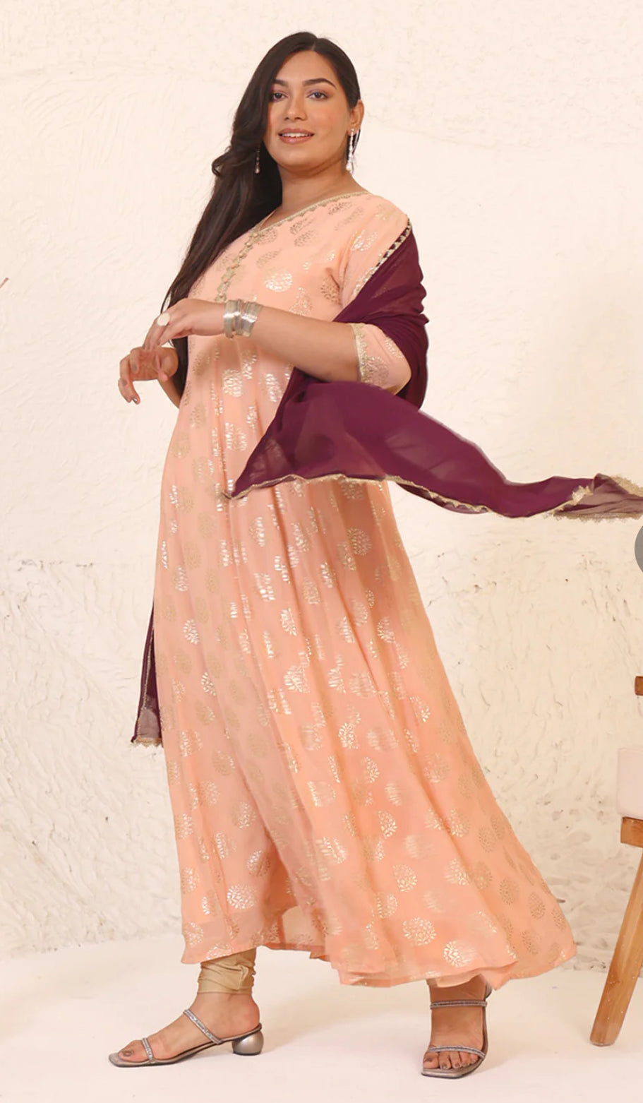 Peach Georgette Foil Printed Anarkali Kurta and Dupatta