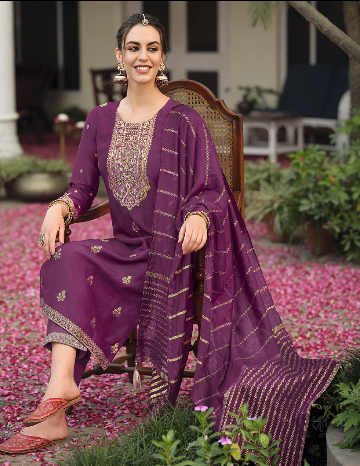 Burgundy Embroidered Straight Kurta Trousers With Dupatta Set