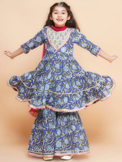 Girls Blue Floral Printed Round- Neck Kurta with Sharara with Dupatta