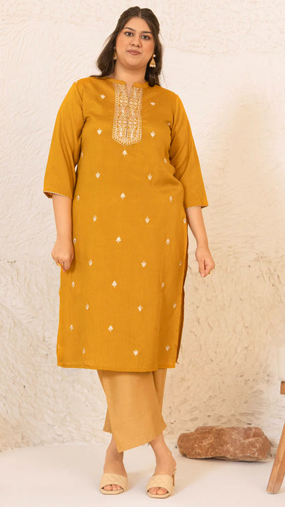 Plus Size Mustard Crepe Silk Embroidered Straight kurta