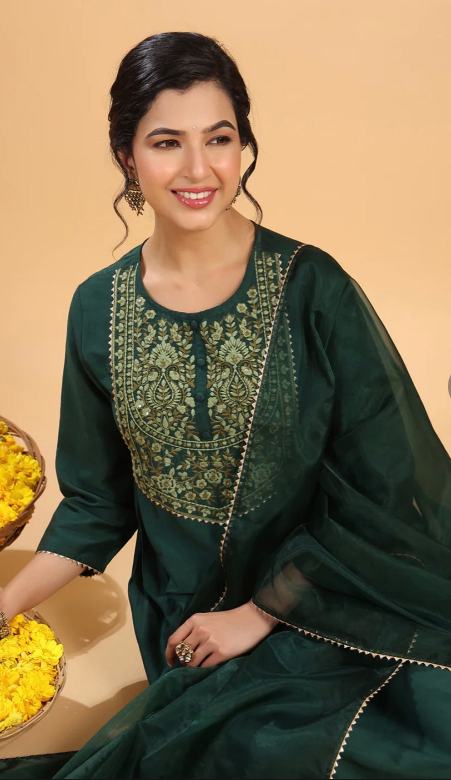 Dark Green Chinnon Yoke Embroidery Pleated Kurta Set