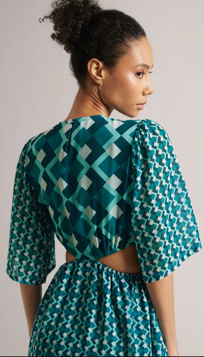 Teal Georgette Geometric Side Cut-Out Dress