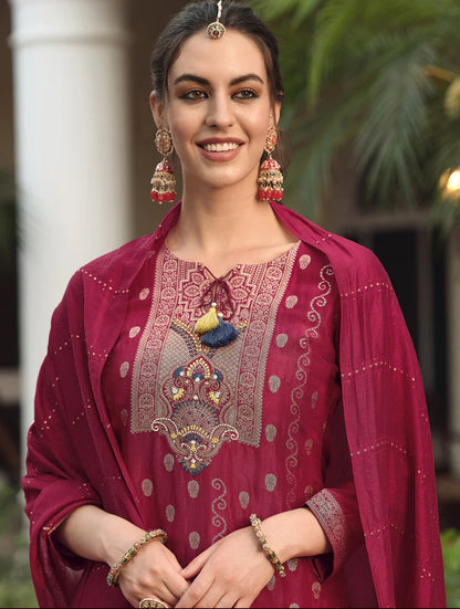 Burgundy Embroidered Straight Kurta Trousers With Dupatta Set