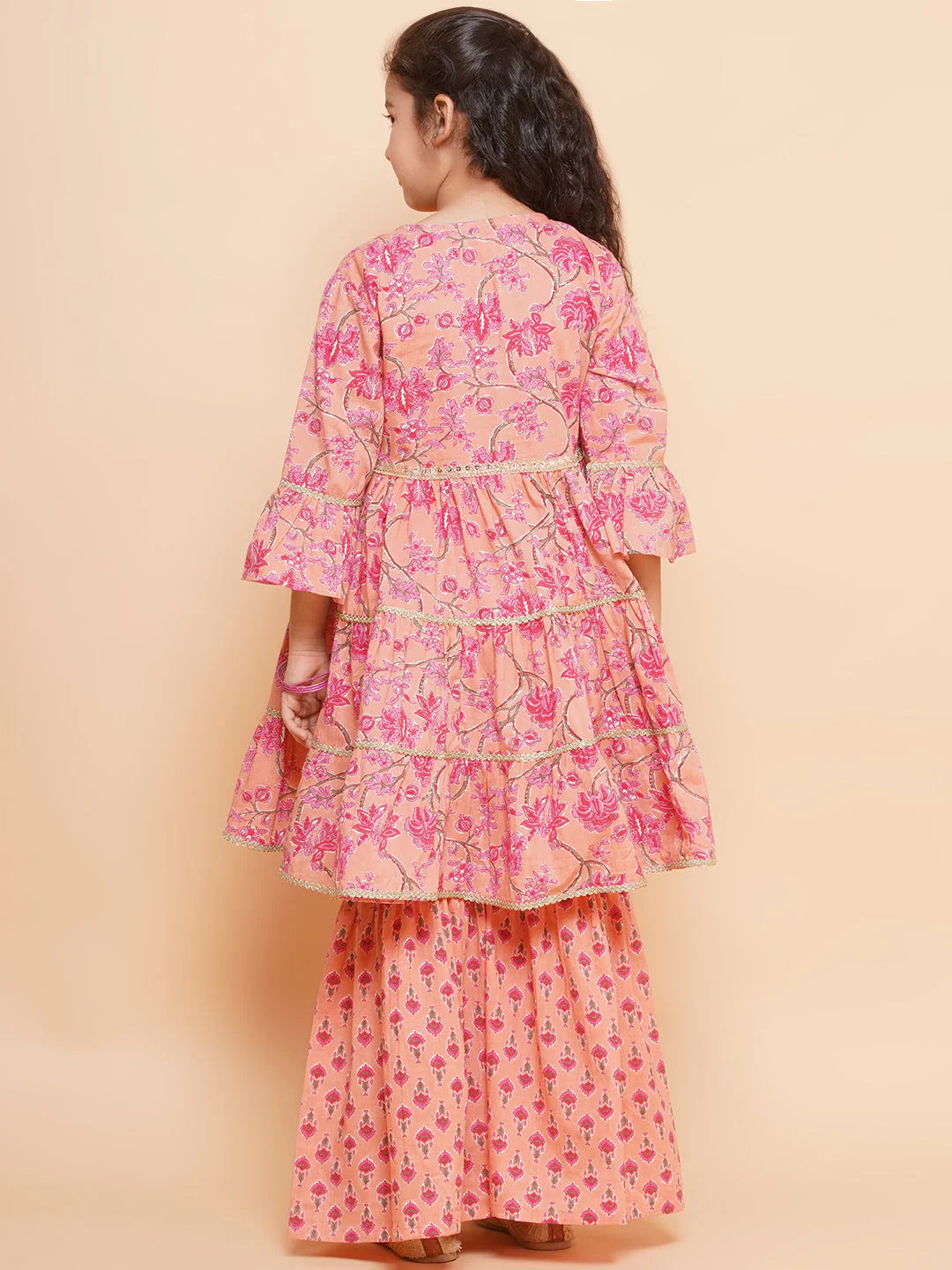 Girls Peach Printed V- Neck Kurta with Sharara