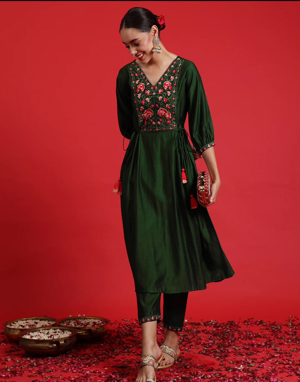 Green Embroidered A-Line Kurta Trousers Set