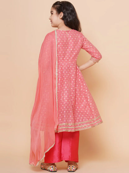 Girls Peach Self design Booti Angrakha Gotta Patti Kurta & with Trouser & Dupatta