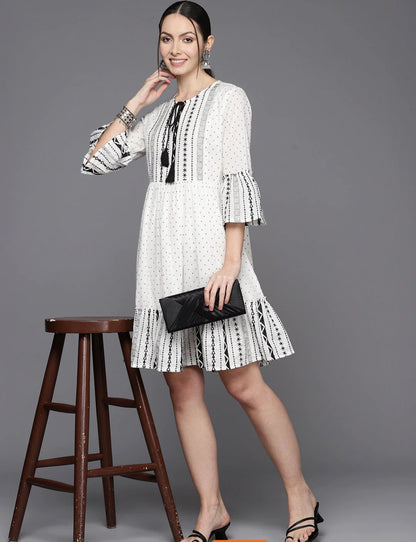 White Printed Tie-Up Neck Bell Sleeves A-Line Dress