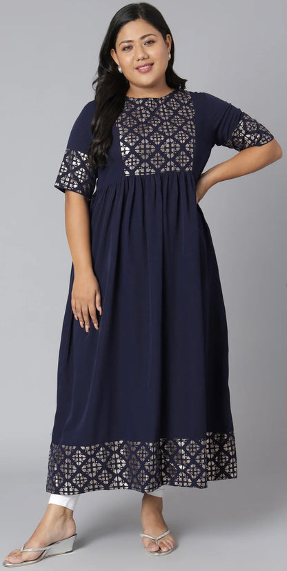 Plus Size Dark Blue Poly Crepe Foil Print Flared Kurta