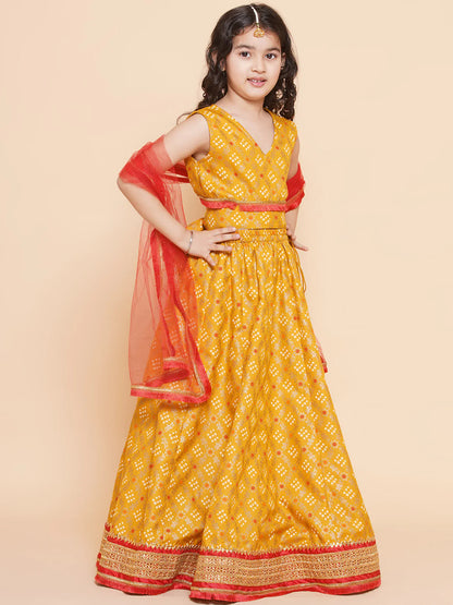 Girls Yellow Mustard Bandhej Printed Lace Work Lehanga,Choli With Dupatta.