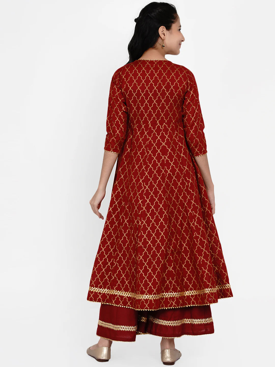 Girls Maroon & Gold Ethnic Motifs Printed Anarkali Kurta With Palazzos