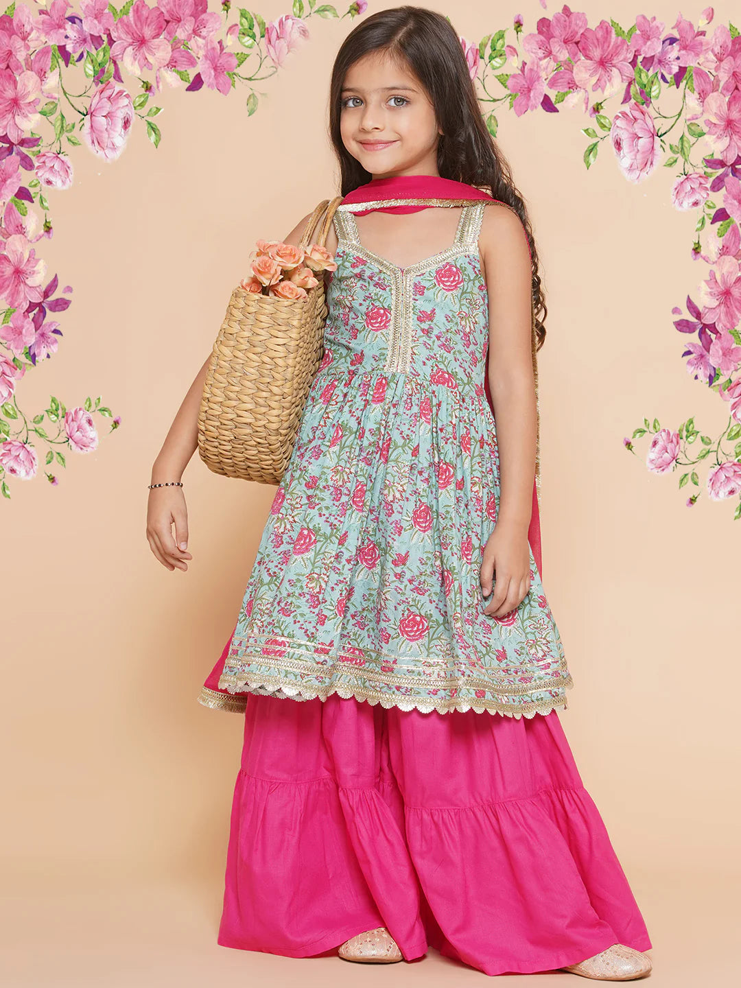 Girls Blue Floral Printed Cotton Kurta With Sharara with Dupatta