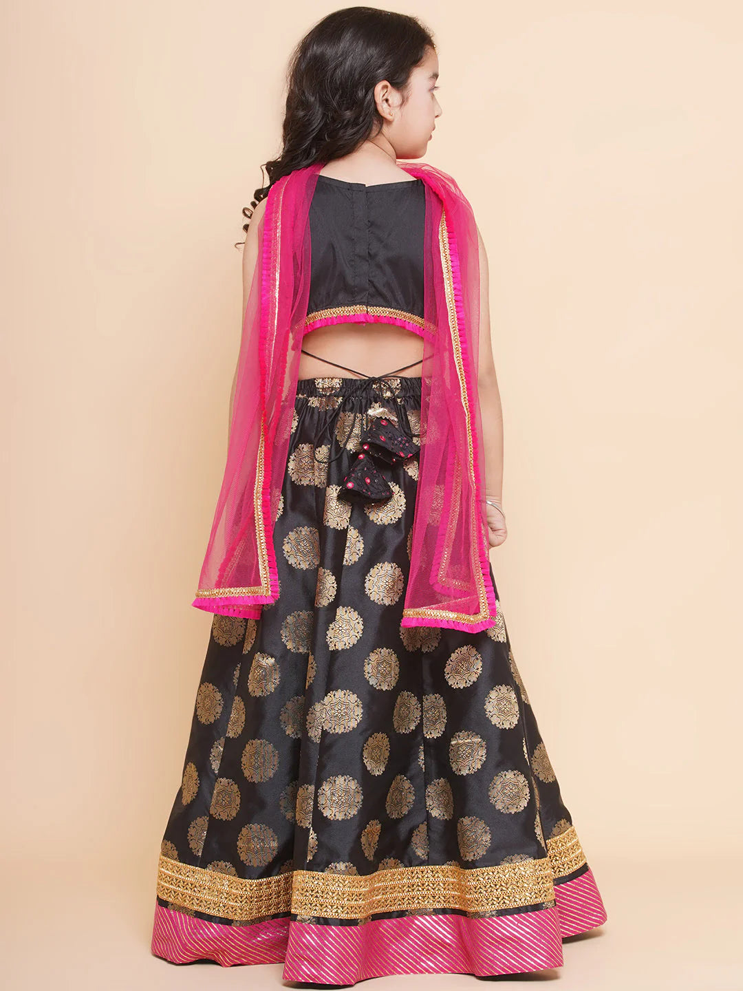 Girls Black & Gold-Toned Embroidered Ready To Wear Lehenga & Blouse With Dupatta