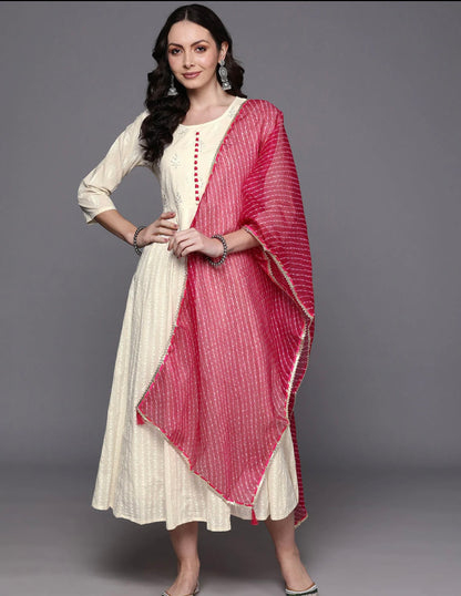 Off- White Floral Embroidered Anarkali Dress With Dupatta Set