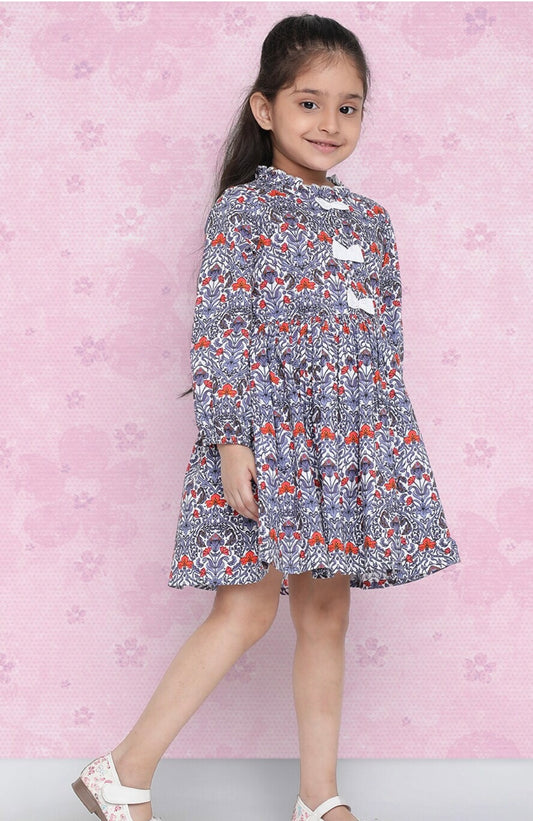 Girls Purple Floral Printed Cotton A-Line Dress