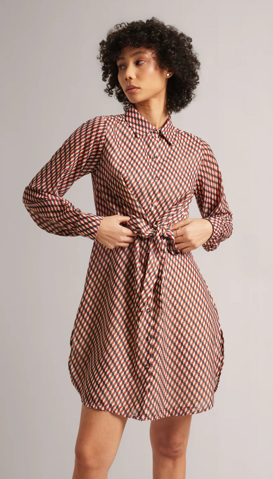 Brown Georgette Geometric Button Down Dress