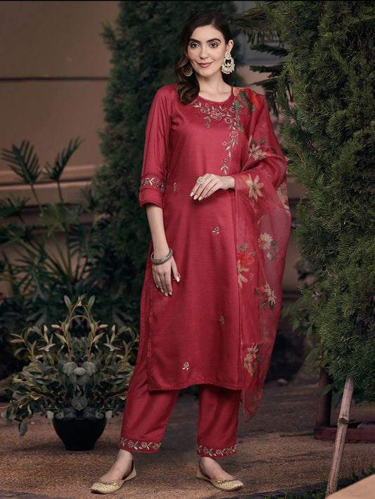 Maroon Floral Embroidered Thread Work Kurta with Trousers & Dupatta