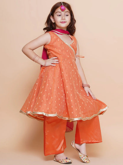 Girls Peach Orange booti Angrakha Gotta Patti Kurta & Trousers set With Dupatta