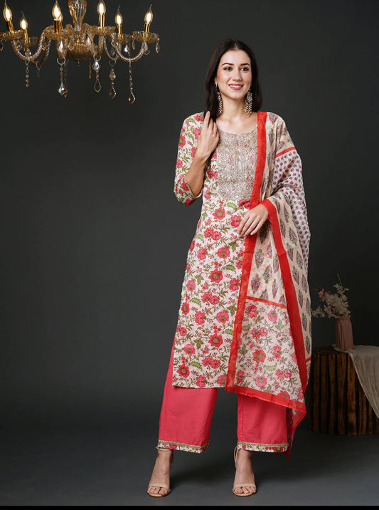 Off White Embroidered Straight Kurta Palazzos With Dupatta Set