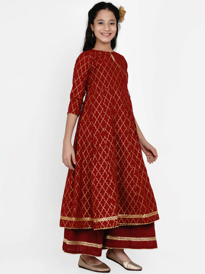 Girls Maroon & Gold Ethnic Motifs Printed Anarkali Kurta With Palazzos