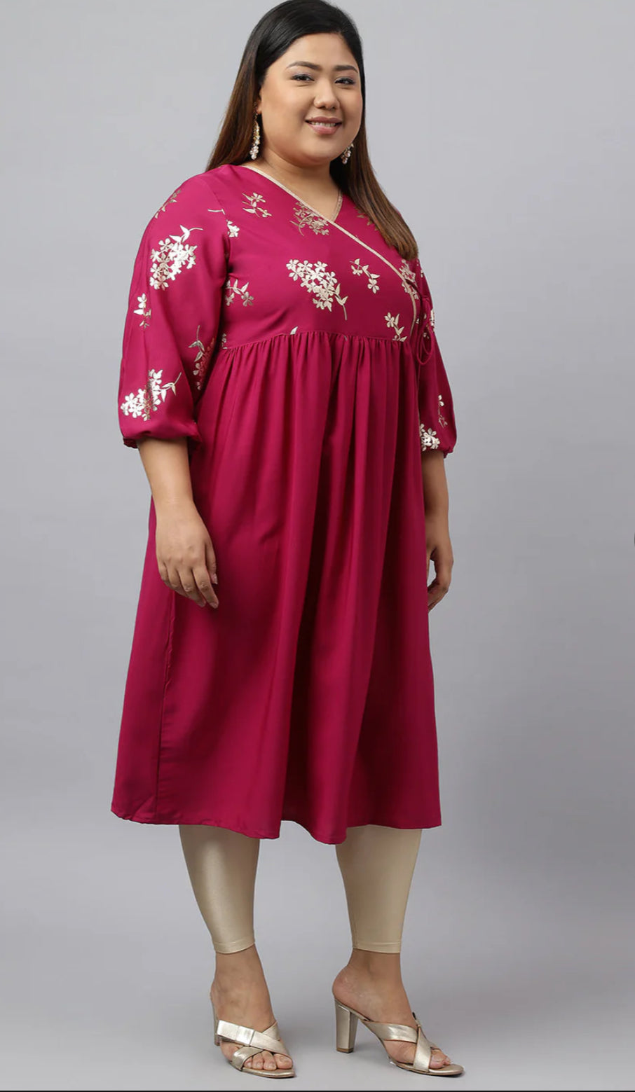 Magenta Poly Crepe Foil Floral Print Angrakha Kurta