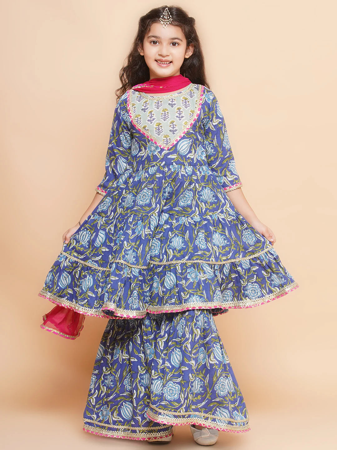 Girls Blue Floral Printed Round- Neck Kurta with Sharara with Dupatta