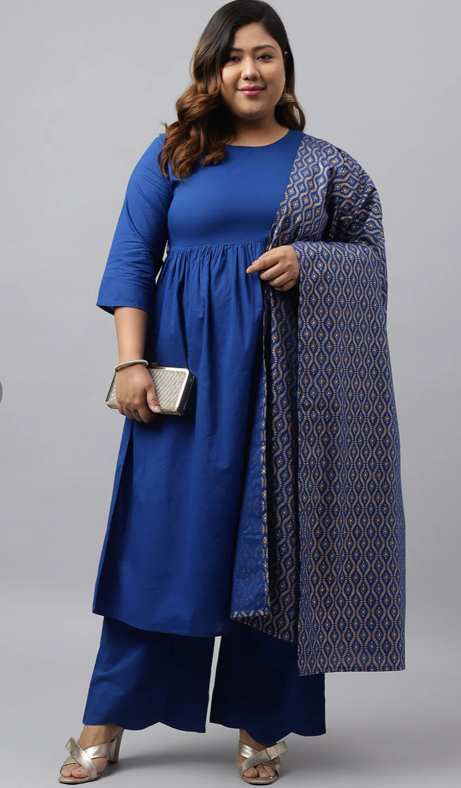 Blue Cotton Solid Kurta with Palazzo and Dupatta