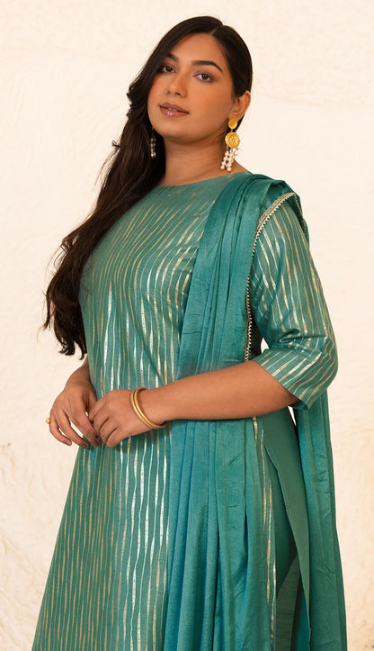 Plus Size Green Poly Silk Kurta With Pant and Dupatta