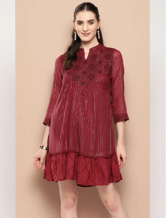 Maroon Embroidered A-line Dresses